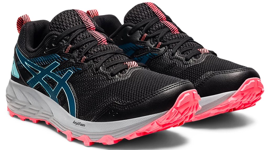 black, pink, and blue trail running shoes