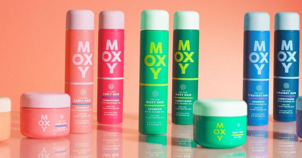 Moxy Shampoos and Conditioners and Creams with peach background