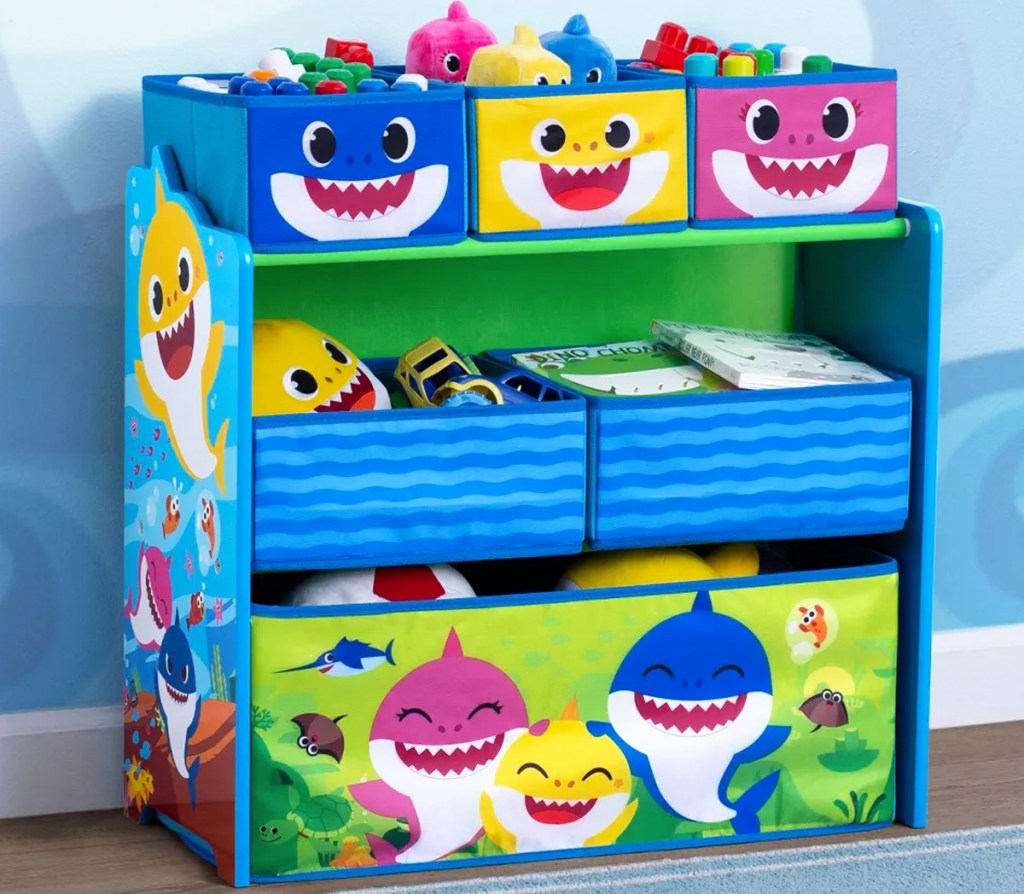 baby shark toy organizer with multiple bins