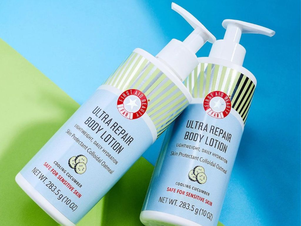 Two bottles of First Aid Beauty Ultra Repair Body Lotion