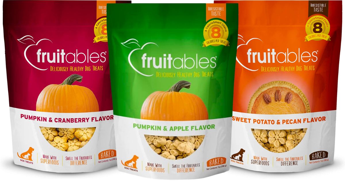 Fruitables dog treats in 3 varieties, Pumpkin cranberry pumpkin apple and sweet potato and pecan