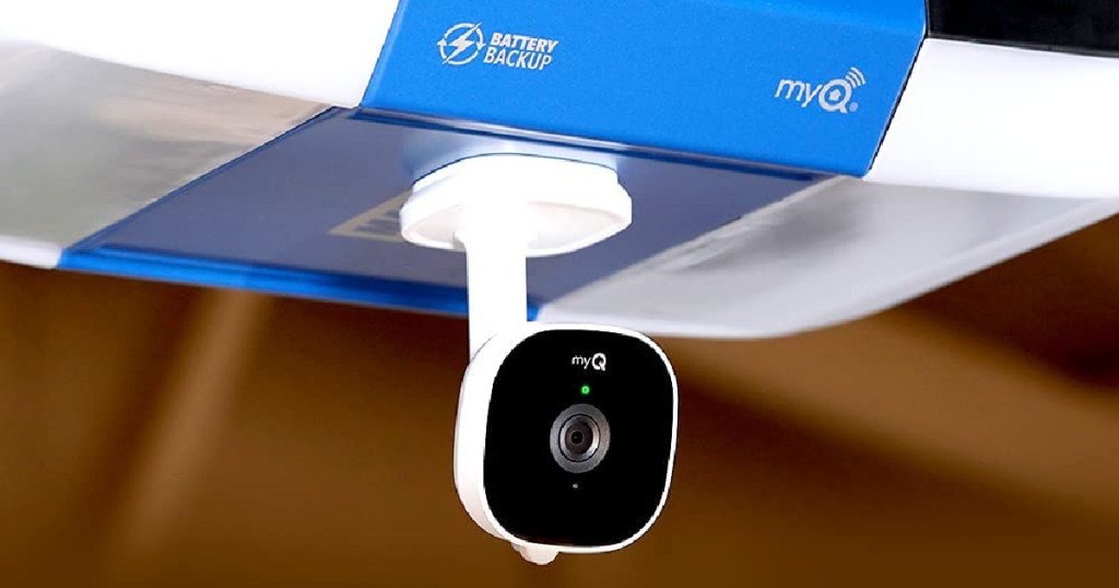 A smart camera from MyQ on a garage opener, upside down 