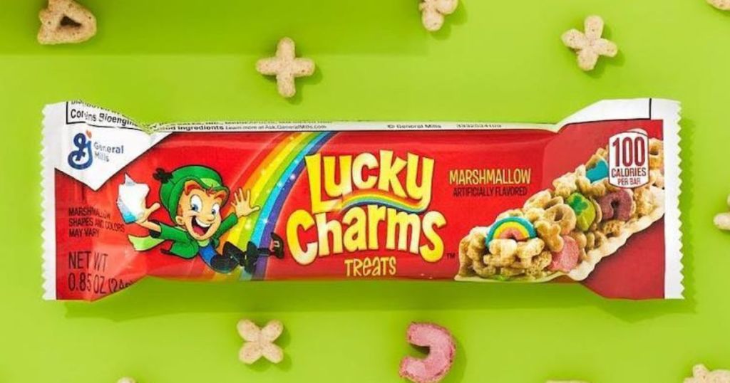 Lucky Charms bar with lucky charms around it