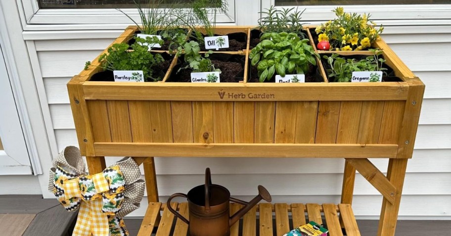 natural wood raised flower bed with herbs in it