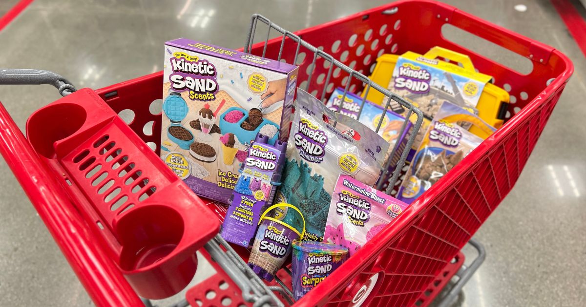 Target shopping cart filled with Kinetic Sand items