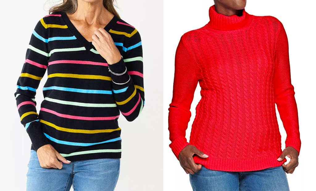 women in striped and red cabled sweaters