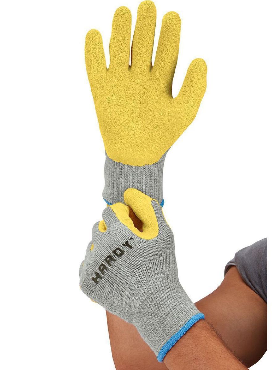 A person wearing latex work gloves 