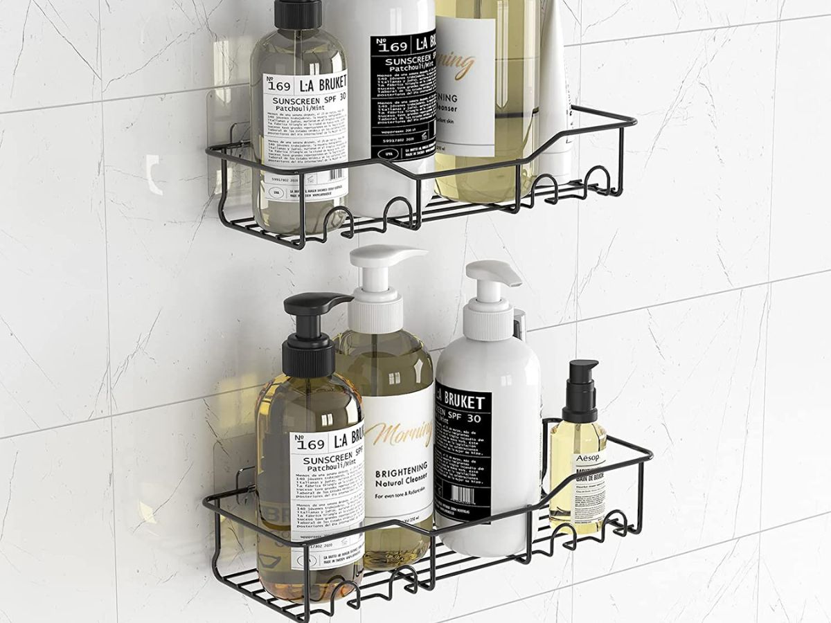 1 shower caddy each holding hair and body products