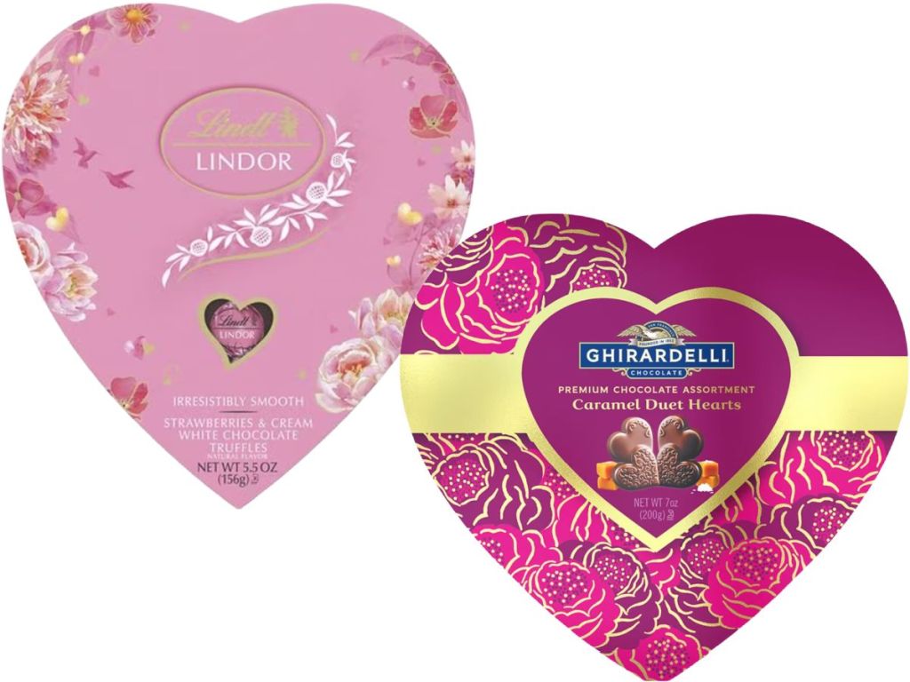 two heart shaped boxes of Valentine's day chocolates