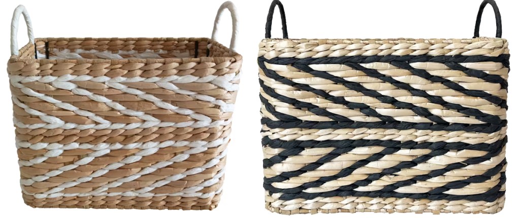 rectangular white and black woven baskets with handles