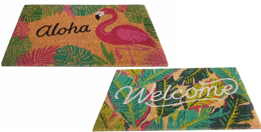 flamingo and leaf print doormats