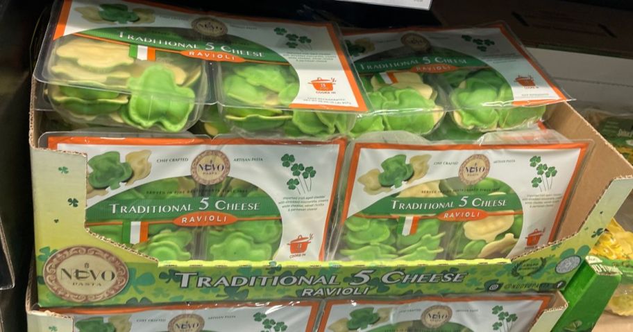 A box full of Nuovo Pasta Shamrock Ravioli at Costco