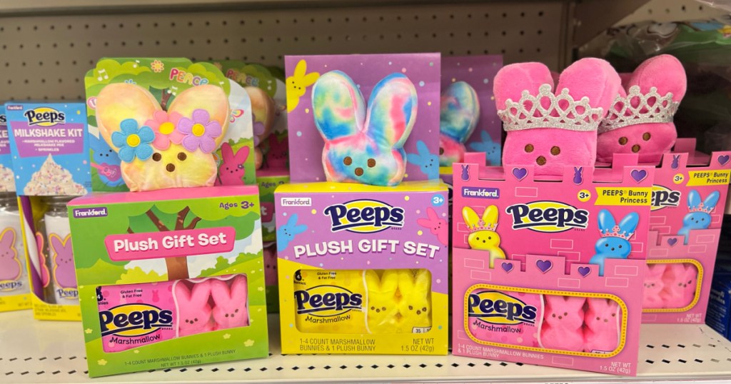 Three PEEPS Gift Sets by Frankford Candy displayed on shelves for Easter 2023
