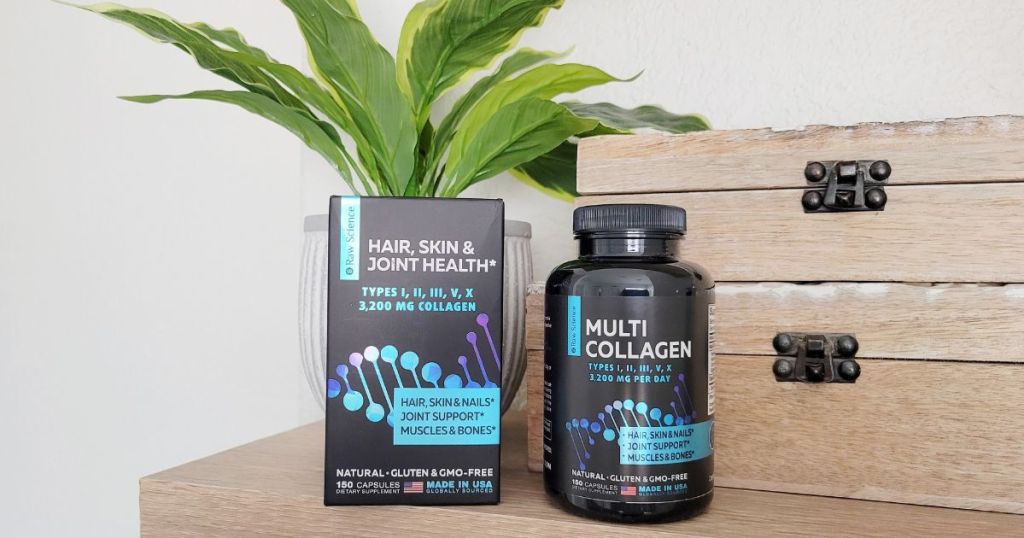 Raw Science Multi Collagen Pills bottle and packaging on wood shelf with plant in the background