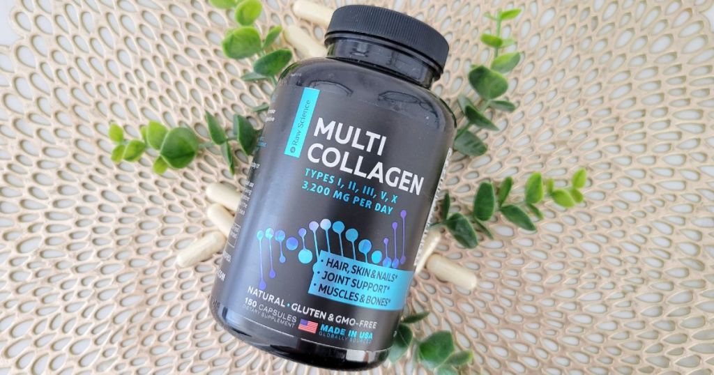Raw Science Multi Collagen Pills bottle with flower, capsules and doiley under bottle