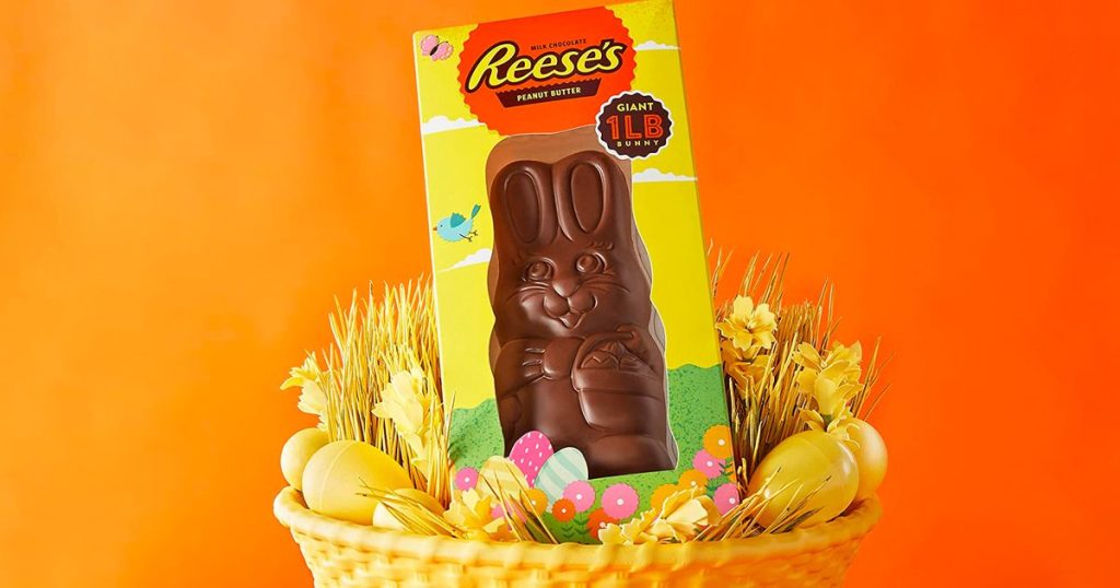 Reese's 1-Pound Milk Chocolate Peanut Butter Bunny in an easter basket