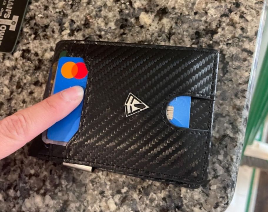 A Slim RFID Blocking Leather Wallet on a table