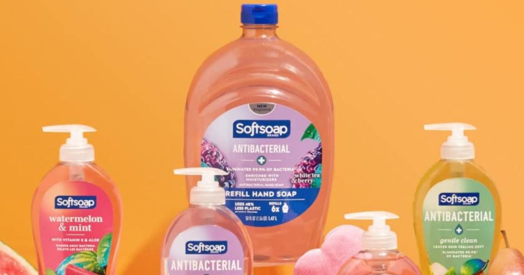 Soaftsoap refill surrounded by smaller bottles of softsoap hand soap