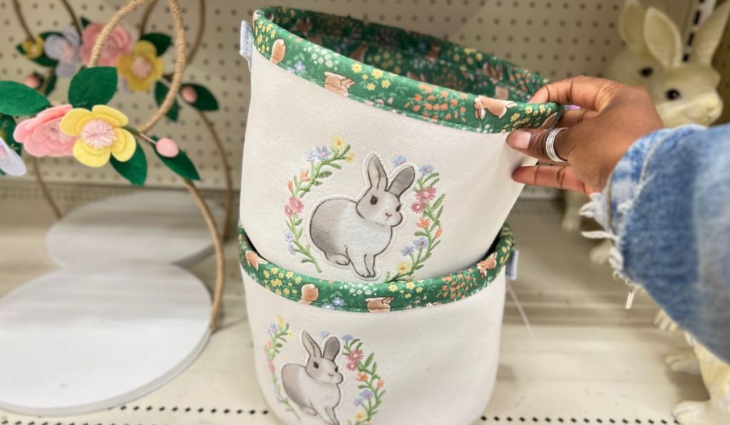 Spritz Round Canvas Embroidery Decorative Easter Basket w: Bunny
