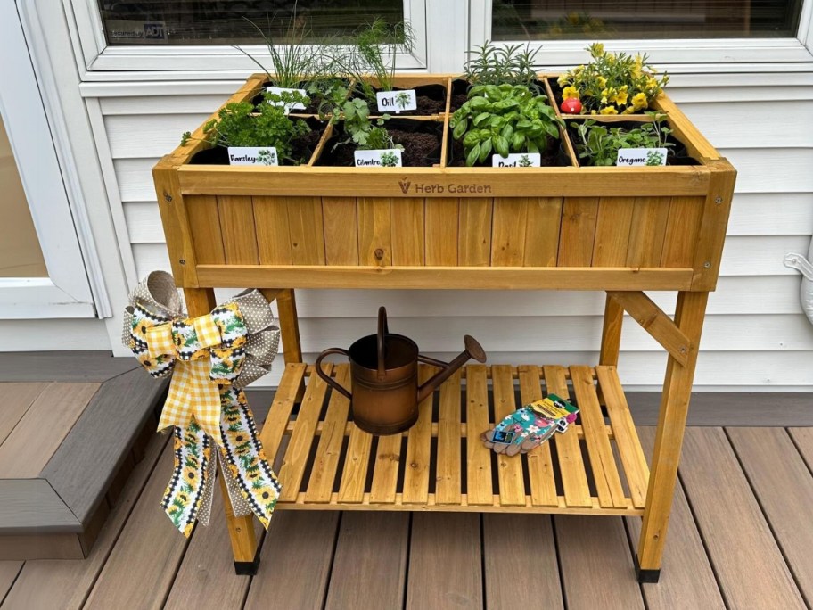 natural wood raised flower bed with herbs in it