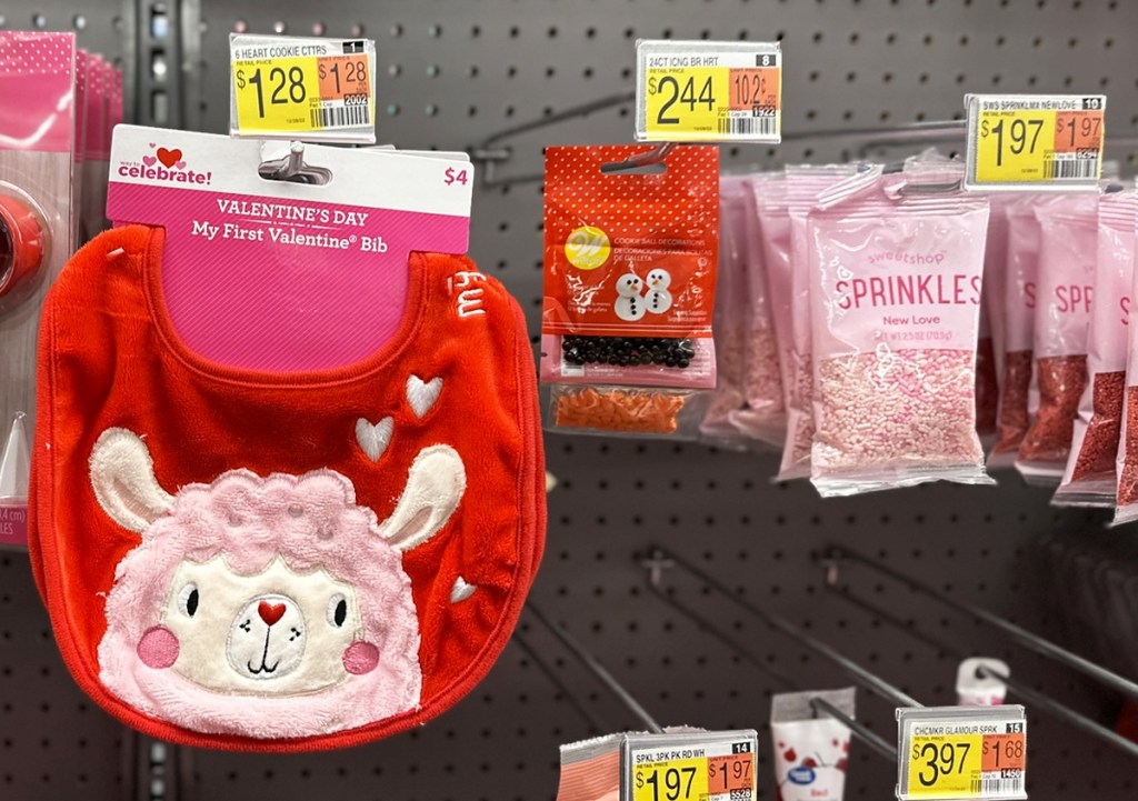 valentines day baby bib and sprinkles on walmart display