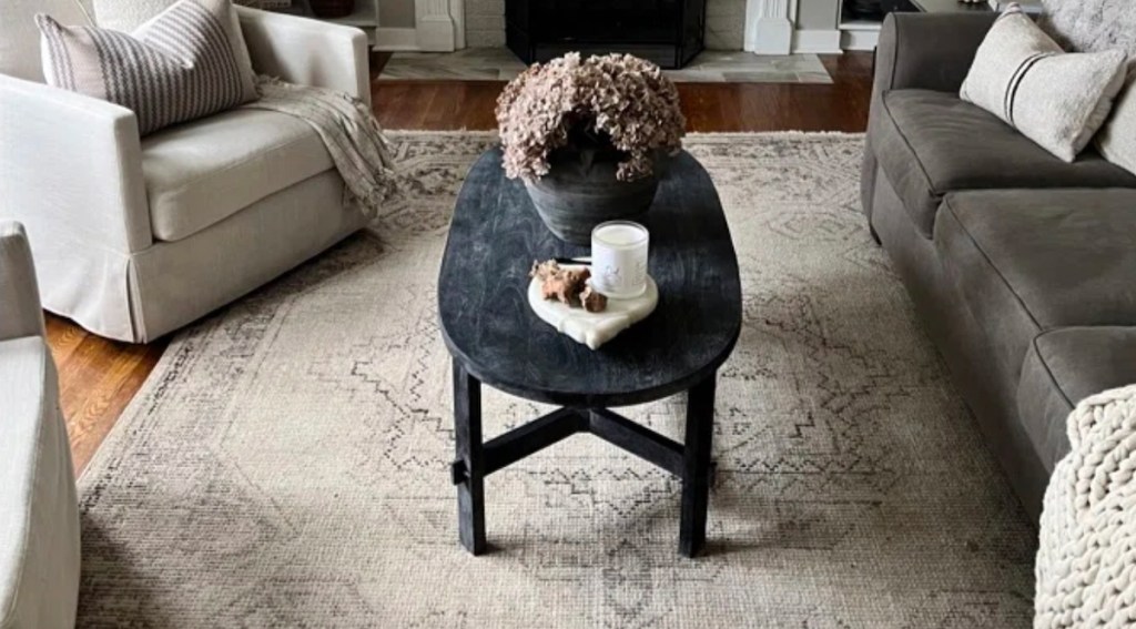 black coffee table in center of living room