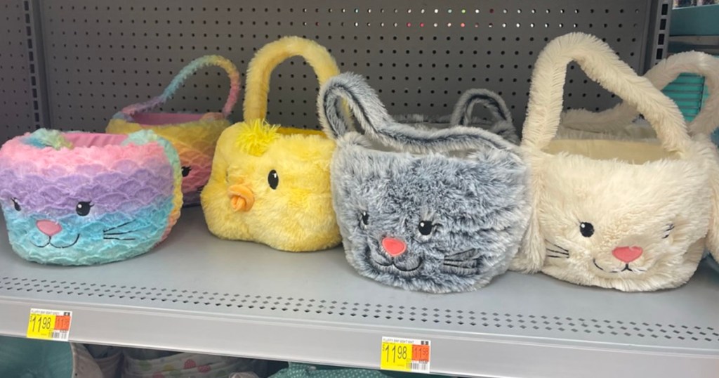 rainbow bunny, chick, and gray bunny furry easter baskets on shelf 