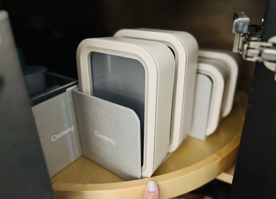 close up of containers in lazy susan cabinet