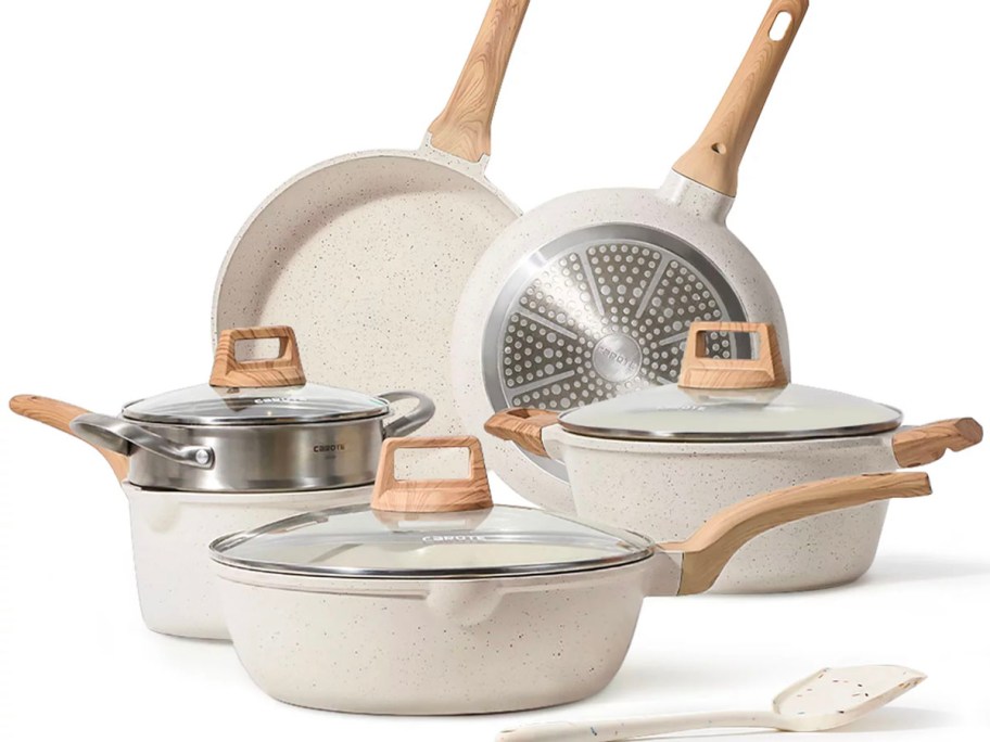 carote white granite pots and pans set stock image