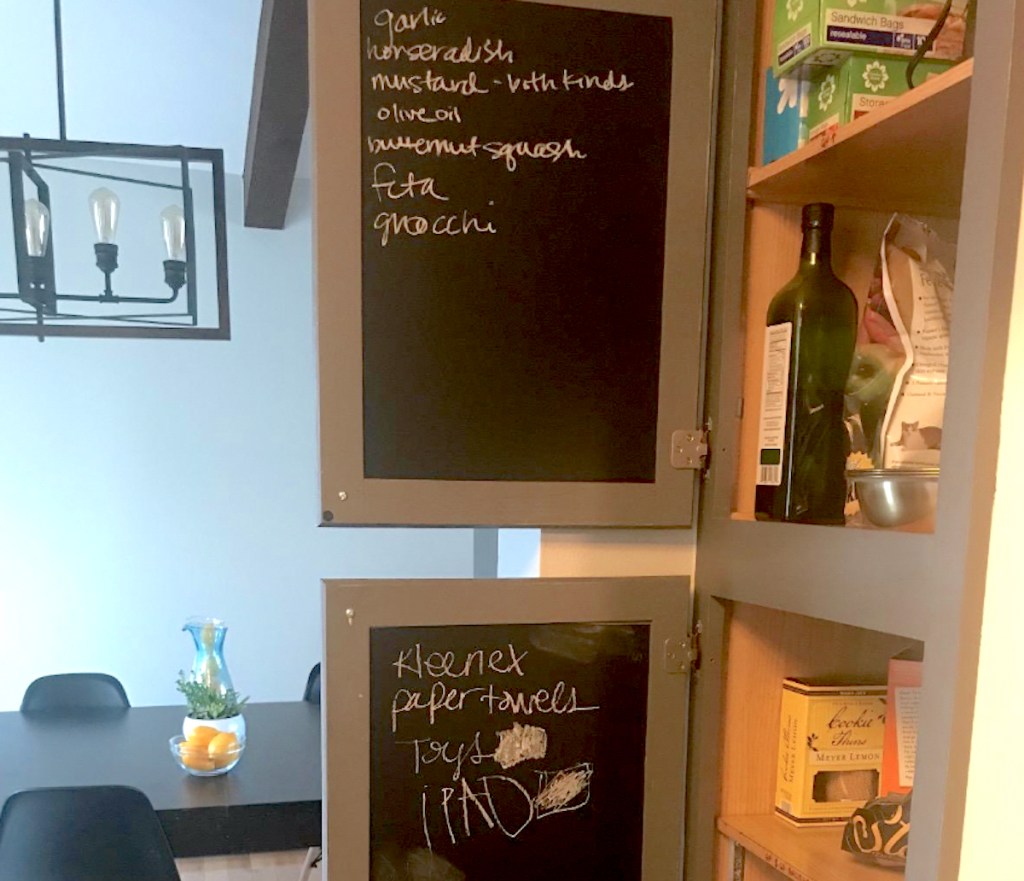 back of cabinet doors with chalkboard paper and grocery lists