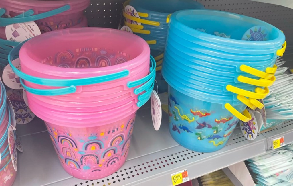 pink and blue color changing easter buckets on shelf