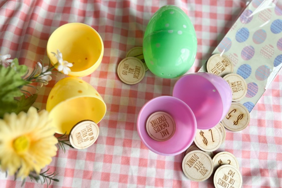 wooden tokens inside easter eggs