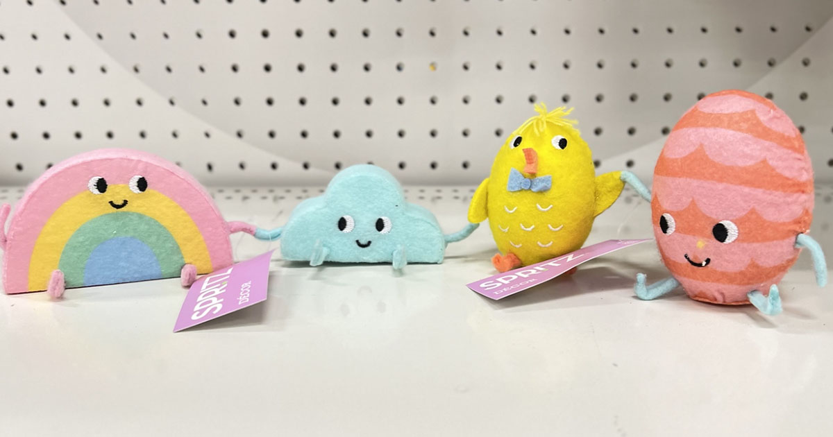 rainbow, cloud, chick and egg felt figures on shelf in target