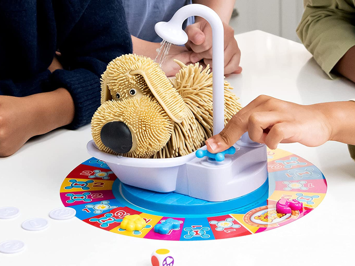 kids playing Soggy Doggy, The Showering Shaking Wet Dog Award-Winning Kids Game Board