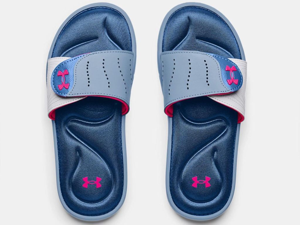 pink blue and white under armour kids slides