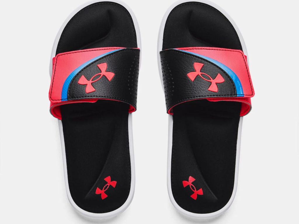 red blue and black under armour kids slides