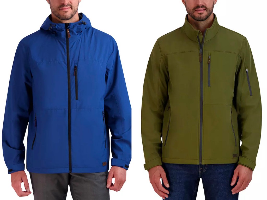 two men wearing blue and green zeroxposur jackets