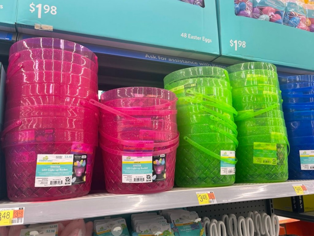 pink, green and blue neon plastic easter baskets on shelf