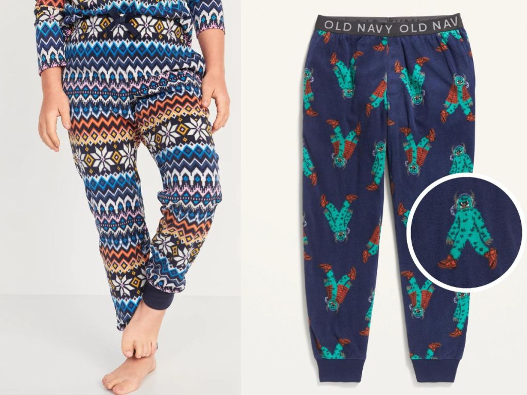 girl wearing festive pajama bottoms and boys old navy graphic zombie pajama pants