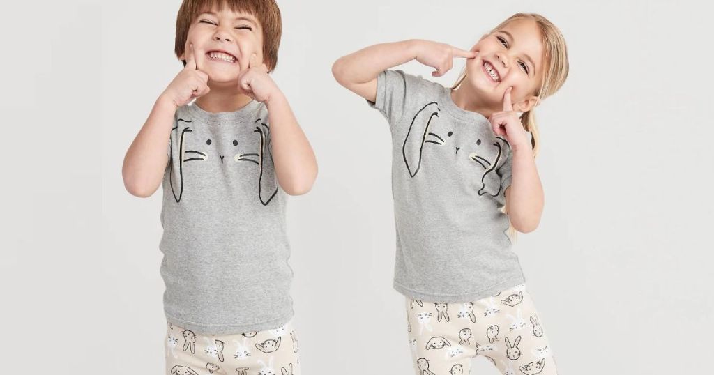 toddler boy and toddler girl wearing gray bunny pj tee and bunny pj pants 