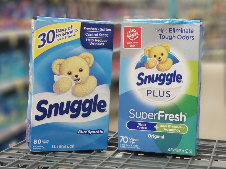 2 Snuggle Fabric Softener sheet boxes on shelf in store