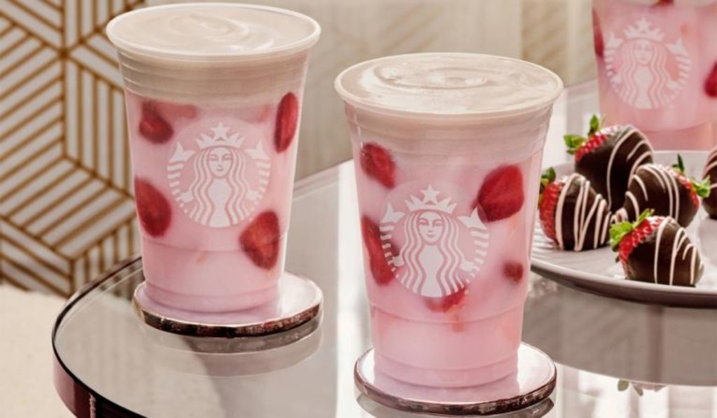 two Pink Drinks with chocolate foam on top