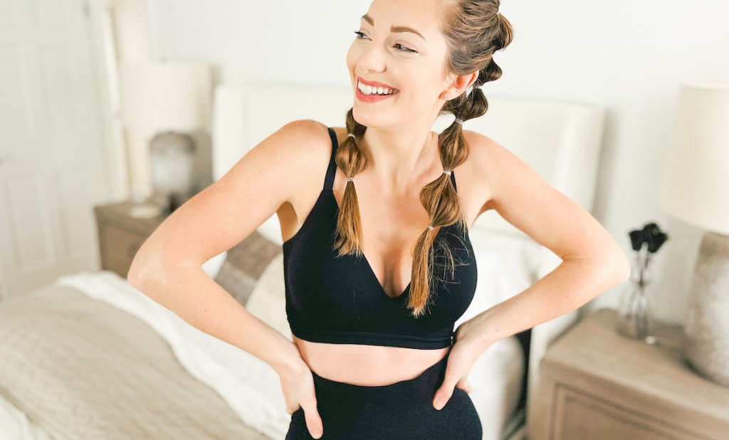 woman posing in black thirdlove wireless bra