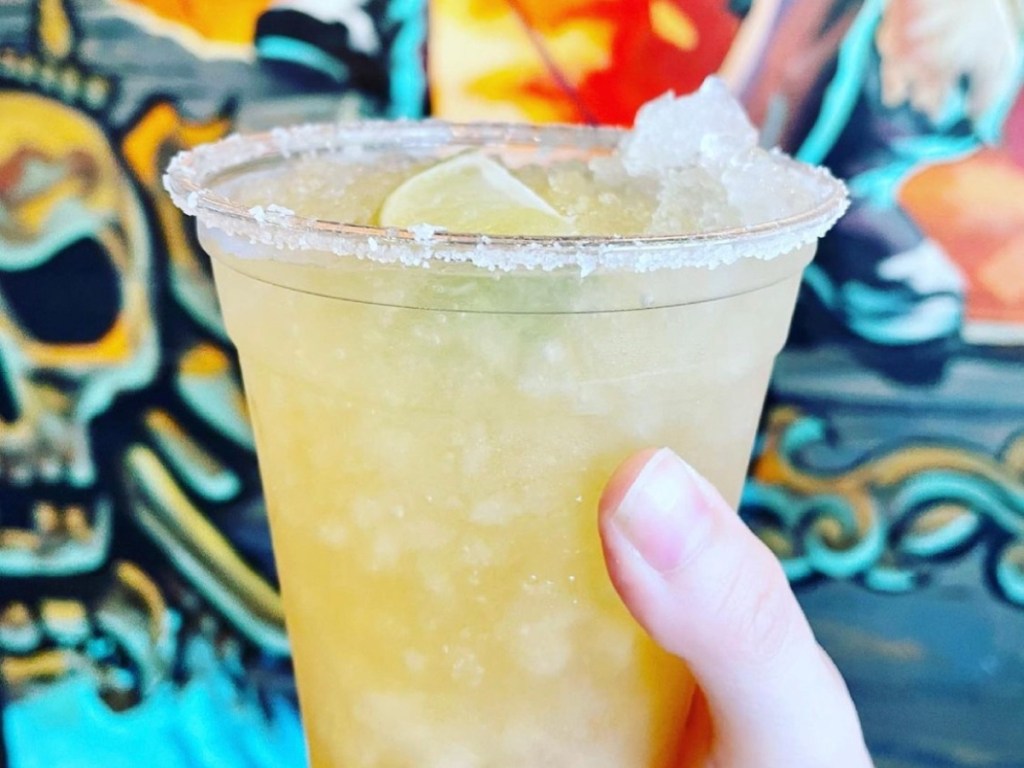 holding a margarita in a disposable cup in front of a painted wall