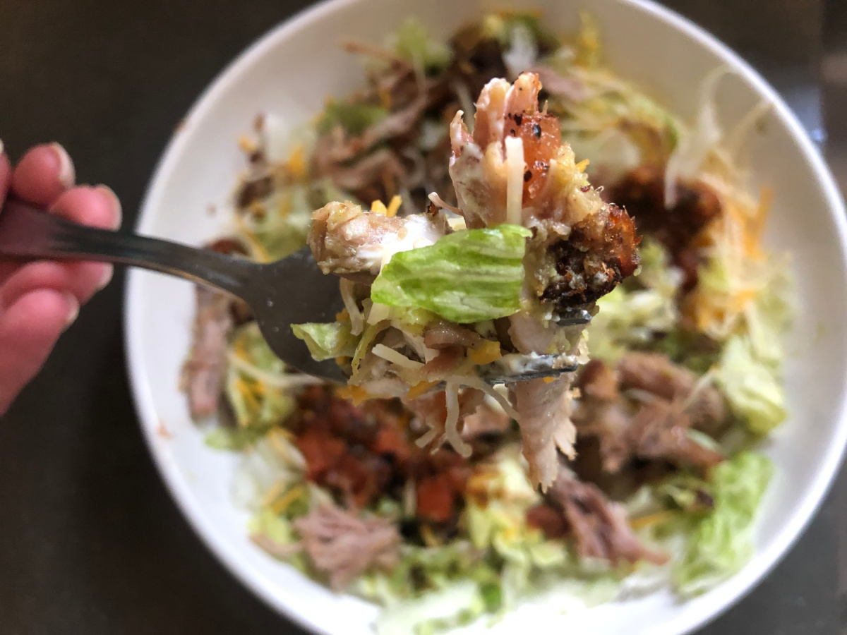 Trader Joe's carnitas on a homemade salad for a low effort meal idea. 