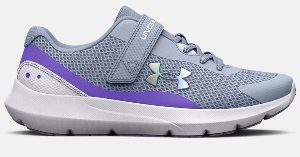 gray purple and white under armour shoe