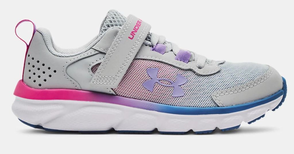 gray purple and pink and blue under armour shoe