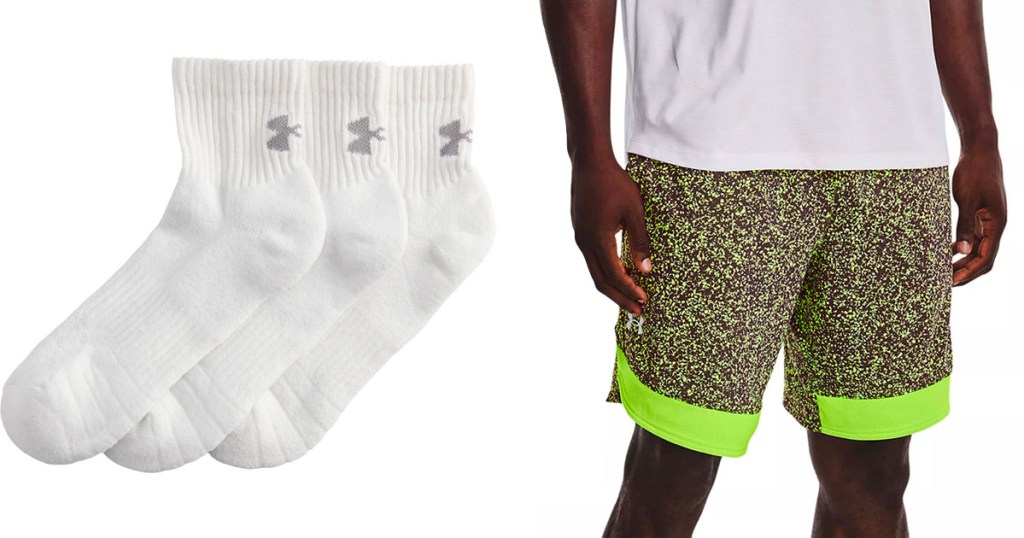 3 pairs of white socks and man wearing lime green and black shorts