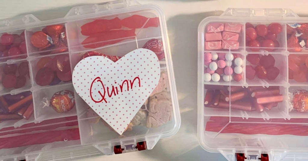 diy valentines day boxes labeled with candy