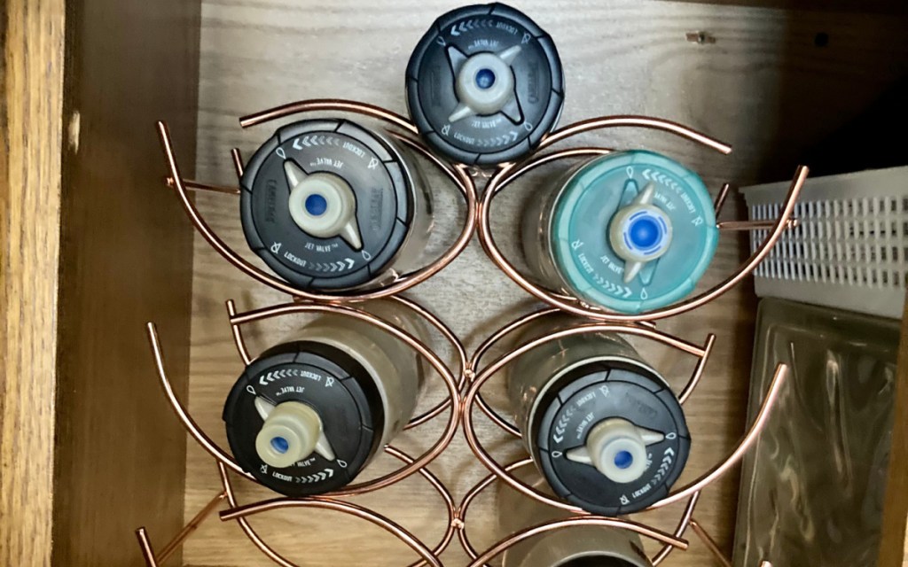 water bottles in holder